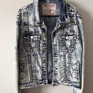 True Religion Distressed Acid Wash Denim Jacket in Blue & White